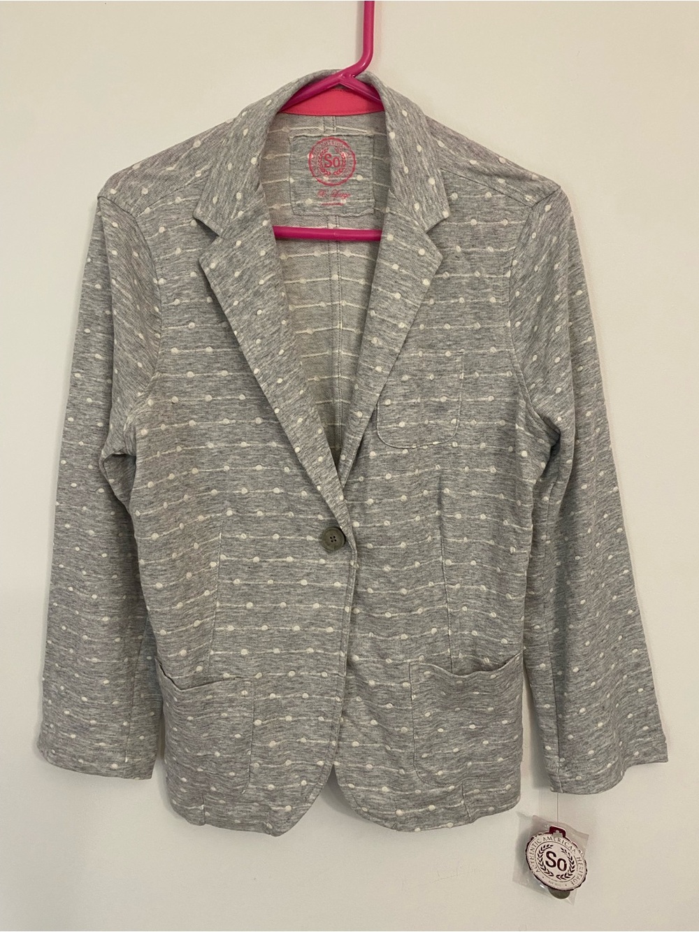 SO juniors XL lightweight gray/ cream polka dot stripes blazer jacket